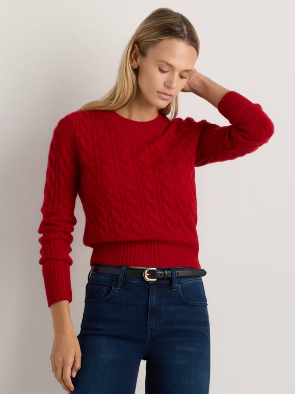 Mongolian Cashmere Shrunken Cable Crewneck Sweater